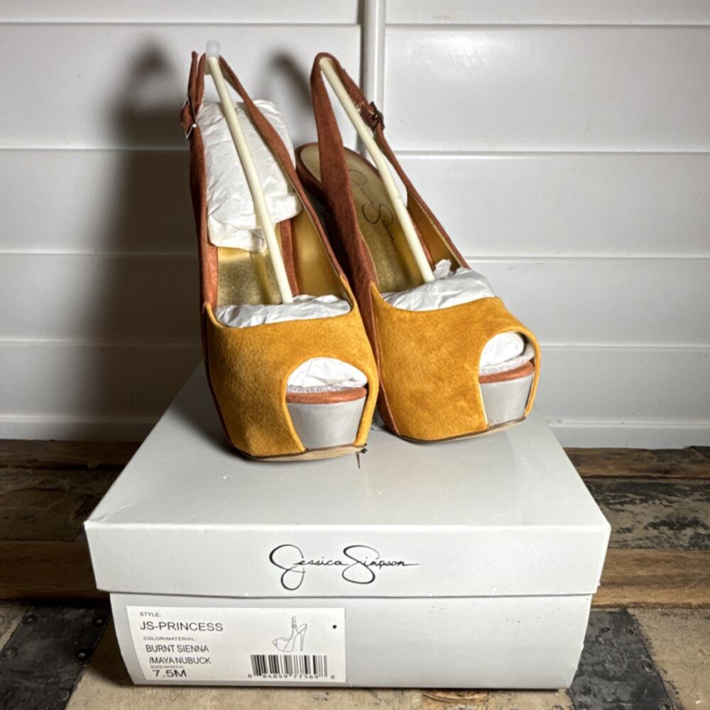 Jessica Simpson Platform Stiletto Buckle Mayanbuck Burnt Sienna Yellow 7.5